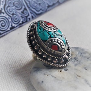 Ethnic Ring - Turquoise Coral Ring - Jewelry from Nepal Tibet - Jewelry from the World
