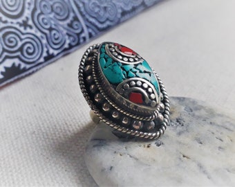 Ethnic Ring-Turquoise Coral Ring-Jewelry from Nepal Tibet-Jewelry of the World