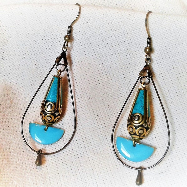 Boucles d'oreilles Ethniques Tibétaines Turquoise-Bijoux Nepalmashop