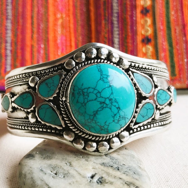 Bracelet Manchette Turquoise-Bijoux Népalais Tibétains-Grand Bracelet-Nepalmashop