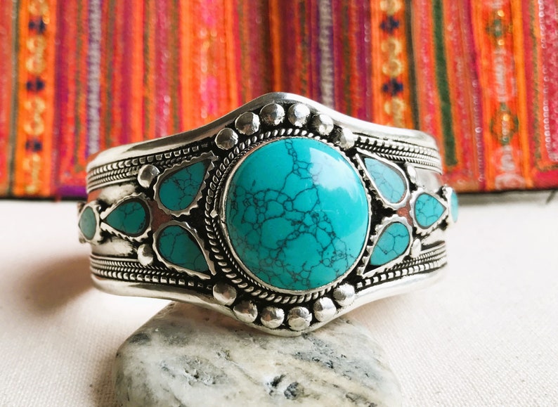 Turquoise Cuff Bracelet-Nepalese Tibetan Jewelry-Large Bracelet-Nepalmashop image 1