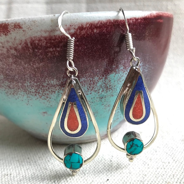 Large Ethnic Aerial Earrings-Natural Stone Jewelry-Nepal Tibet Jewelry