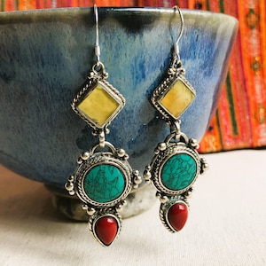 Ethnic Earrings-Nepal Tibet-Natural Stone Jewelry-Silver Stone Earrings