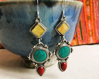 Ethnic Earrings-Nepal Tibet-Natural Stone Jewelry-Silver Stone Earrings