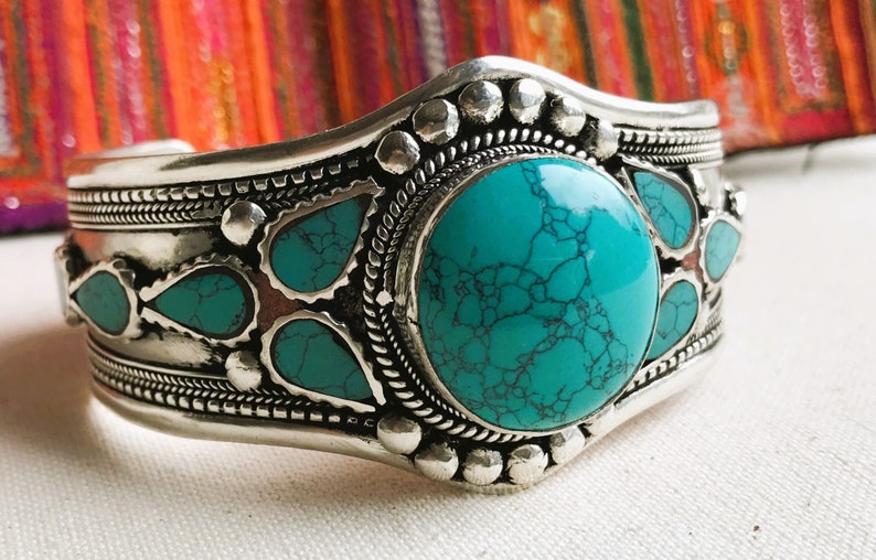 Bracelet Manchette Turquoise-Bijoux Népalais Tibétains-Grand Bracelet-Nepalmashop image 6