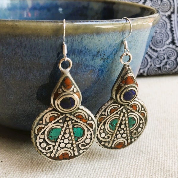 Ethnic earrings-Turquoise Lapis Coral-Nepal Tibet-Stones Silver-Boho-Elegance