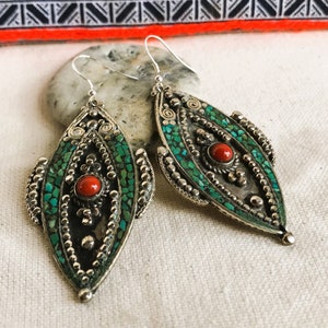 Large Tibetan Earrings-Turquoise Jewelry-Natural Stones-Nepalmashop
