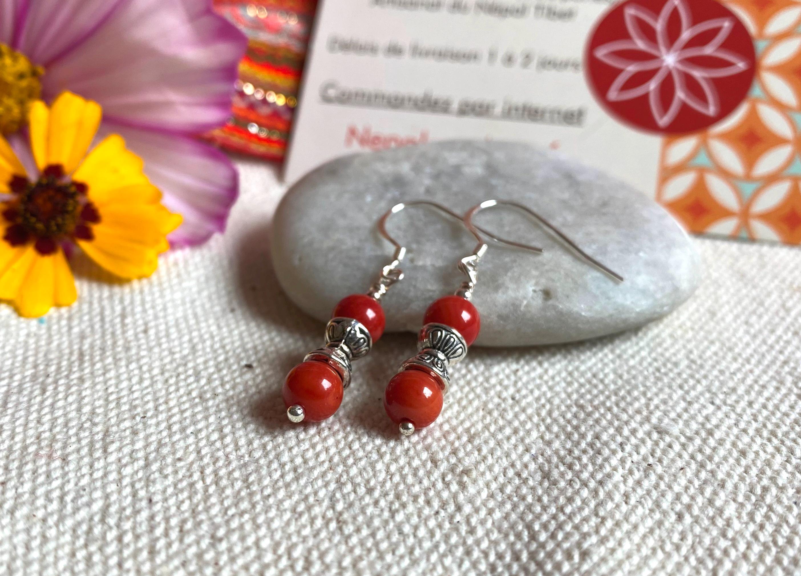 Boucles D'oreilles Percées Vintage En Argent Sterling Et émail Corail - Réf. 2778, Inde