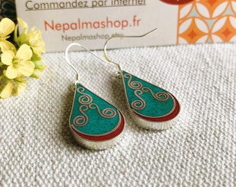 Boucles d'oreilles ethniques Turquoise et Corail-Bijoux du Népal Tibet-Fête des mères !