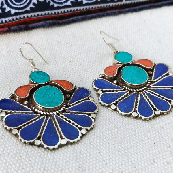 Ethnic Earrings-Jewelry Turquoise Lapis Lazuli Coral-Nepal Tibet-Vintage Boho-Silver Stone Earrings