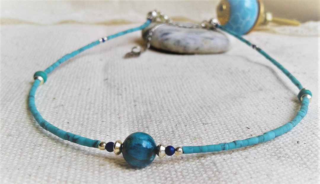 Collier Ethnique Avec Pampilles Et Lapis-Lazuli – Longueur 40 Cm, Argenté/Bleu, Occasion