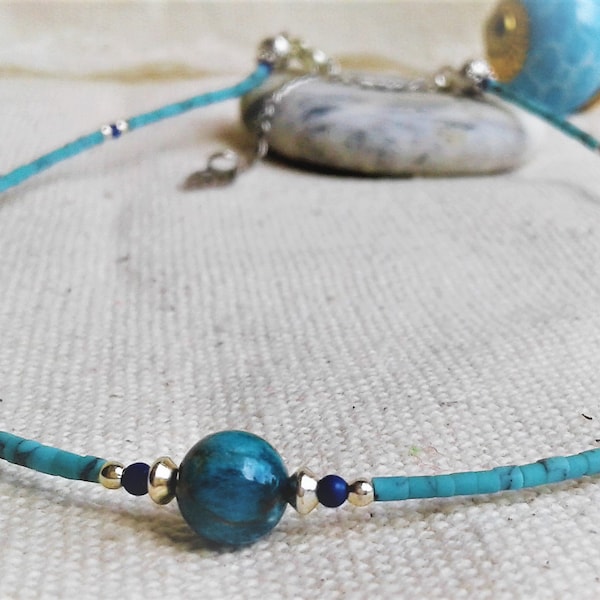 Collier ethnique- Collier Turquoise Lapis Lazuli Apatite Brun - Bijoux Elégance