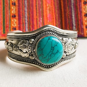 Silver Turquoise Cuff Bracelet-Tibet Himalaya Jewelry-Large Bracelet-Nepalmashop