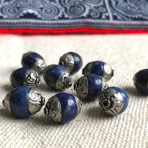 Lapis Lazuli Beads Silver Nepal Tibet-Traditional Tibetan Beads Natural Stones-Nepalmashop