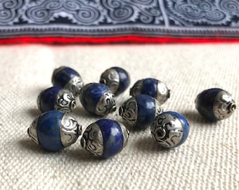 Perles Lapis Lazuli Argent Népal Tibet-Perles Traditionnelles Tibétaines Pierres Naturelles-Nepalmashop