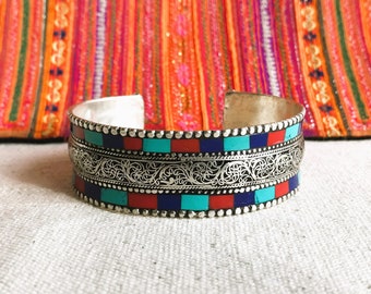 Nepal Turquoise Lapis Coral Cuff Bracelet-Ethnic Jewelry-Nepalmashop