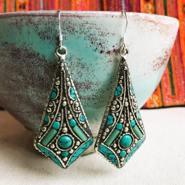 Large Ethnic Earrings-Turquoise Jewelry-Nepal Tibet Jewelry-Natural Stones