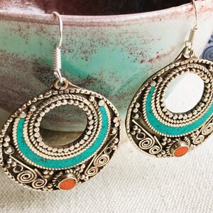 Grandes Boucles d'oreilles Ethniques-Bijoux Turquoise Corail Himalaya-Bijoux du Monde-Nepalmashop zdjęcie 7