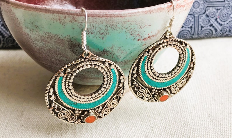 Grandes Boucles d'oreilles Ethniques-Bijoux Turquoise Corail Himalaya-Bijoux du Monde-Nepalmashop zdjęcie 7