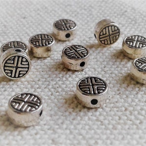 Lot of 10 Ethnic Beads - Silver Metal Beads - Flat Beads - World Beads