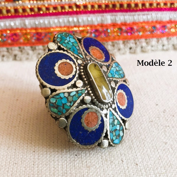 Très Grande Bague Tibétaine Turquoise Corail Résine Ambrée Ambrée-Bijoux Himalaya Tibet Népal