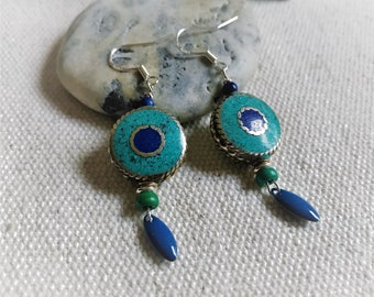 Boucles d'oreilles Ethniques Népal Turquoise Lapis Lazuli-Bijoux ethniques-élégance-Artisanat du Monde-Nepalmashop