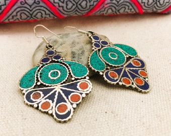 Traditional Ethnic Earrings-Nepal Tibet-Turquoise Coral Lapis Lazuli Jewelry