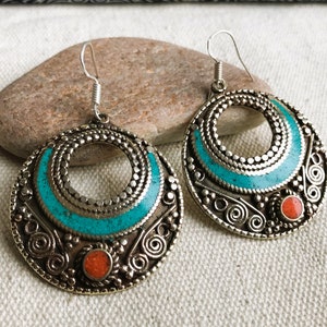 Grandes Boucles d'oreilles Ethniques-Bijoux Turquoise Corail Himalaya-Bijoux du Monde-Nepalmashop zdjęcie 5