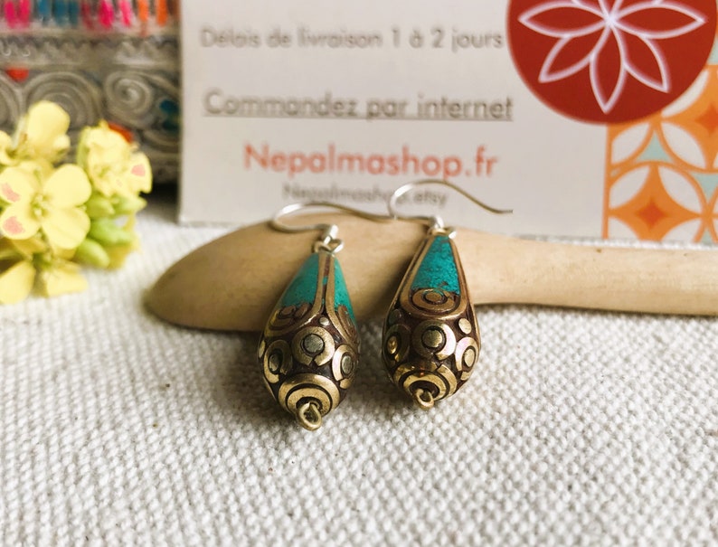 Boucles d'oreilles ethnique du Népal-Bijoux en Turquoise-Bijoux Femme image 2