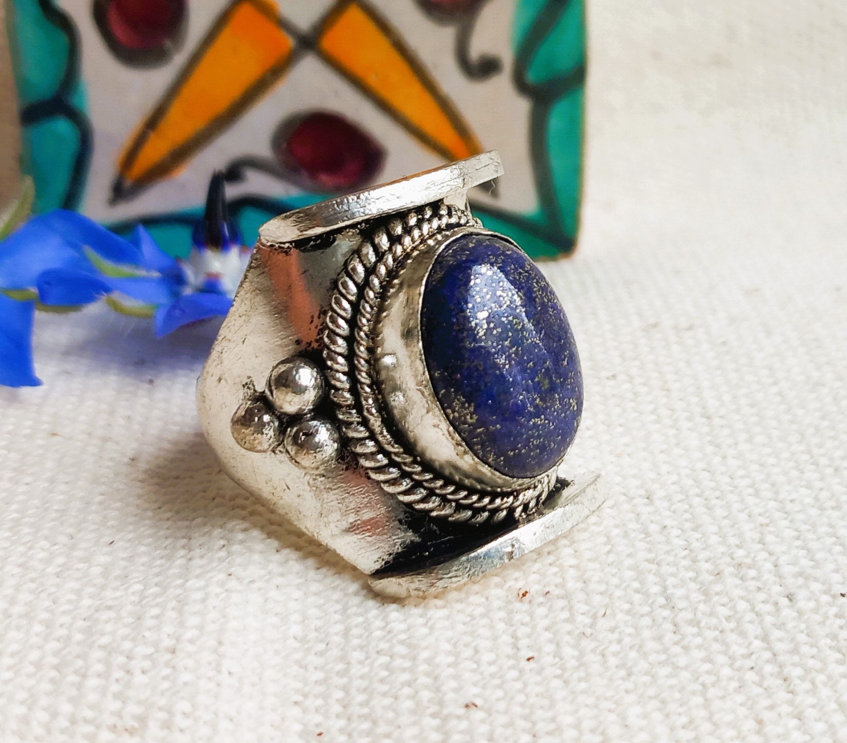 Bague Lapis Lazuli XL En Argent Plaqué – Pierre Naturelle, Unisexe, Ajustable