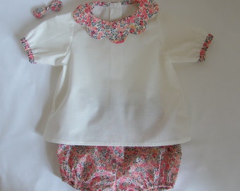 Ensemble Blouse col feston LIBERTY Wiltshire pois de senteur Bloomer Barrette crocodile 6/9/12/18 mois