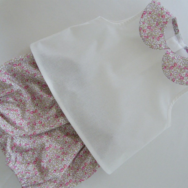 Blouse Liberty Eloïse rose, Betsy rouge, coton blanc Oeko-Tex, bouton nacre 1/3/6/9/12/18 mois