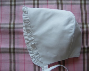Oeko-Tex plain white cotton bonnet with small ruffle, birth, 1/3/6/12/18 months 2/3 years