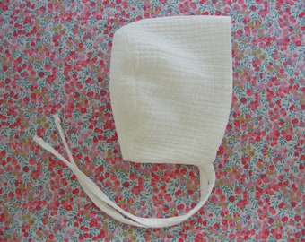 Cream cotton gauze beguin, birth 1/3/6/12/18 months 2/3 years