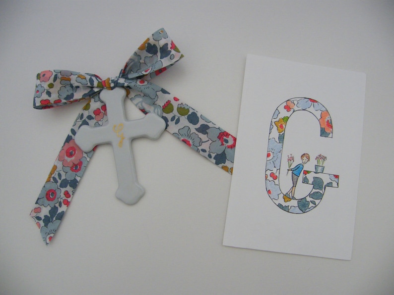 Fine porcelain cross of 7 or 9.5 cm, LIBERTY ribbon of your choice, Capel, Mitsi, Betsy, Wiltshire, Meodow, D'Anjo Photo 3