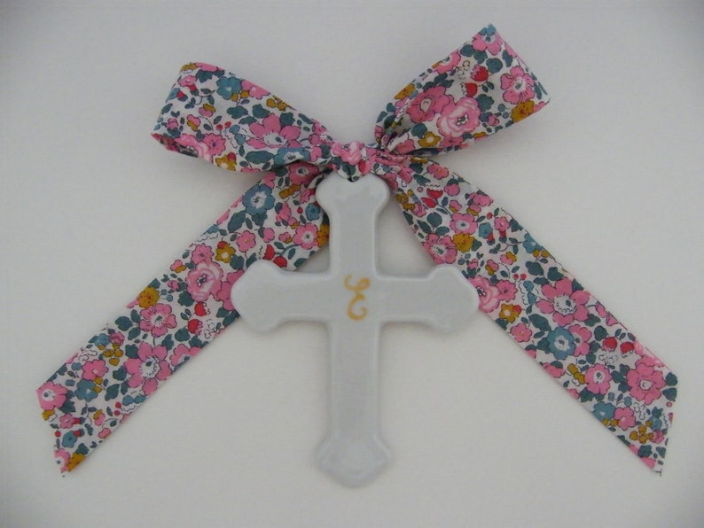 Fine porcelain cross of 7 or 9.5 cm, LIBERTY ribbon of your choice, Capel, Mitsi, Betsy, Wiltshire, Meodow, D'Anjo Photo 6