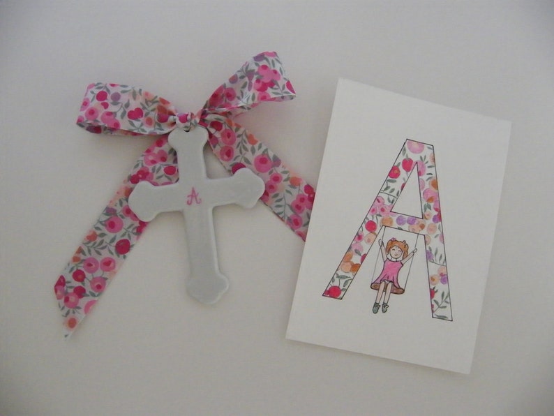 Fine porcelain cross of 7 or 9.5 cm, LIBERTY ribbon of your choice, Capel, Mitsi, Betsy, Wiltshire, Meodow, D'Anjo Photo 4