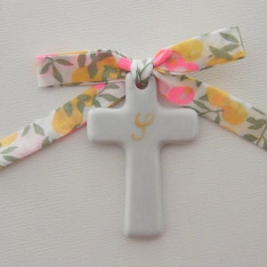 4.5cm fine porcelain cradle cross, LIBERTY ribbon of your choice, (Capel, Mitsi Betsy, Wiltshire, Meodow, D'Anjo)