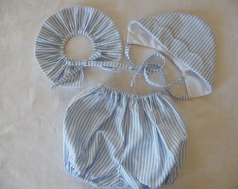 Set birth 1/3/6 months in blue and white striped cotton Beguin, Bloomer, Collar