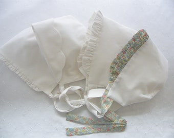 Oeko-Tex white cotton baby bonnet, gathered LIBERTY lapels, flounce, birth festoon, 1/3/6/12/18 months 2/3 years