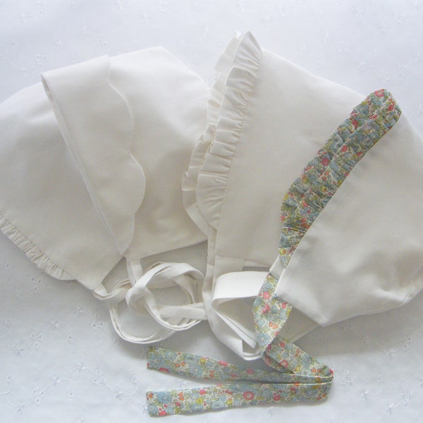 Oeko-Tex white cotton baby bonnet, gathered LIBERTY lapels, flounce, birth festoon, 1/3/6/12/18 months 2/3 years