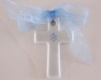 Hand-painted fine porcelain cross, LIBERTY ribbon, possible initial