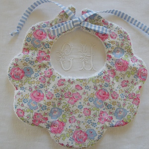 Scalloped flower bib in Liberty Félicité pink/blue and blue and white striped Terry cloth, 1/3/6/9 months