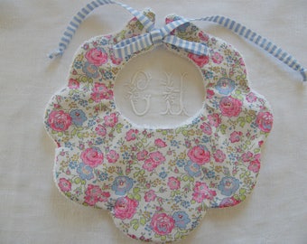 Scalloped flower bib in Liberty Félicité pink/blue and blue and white striped 1/3/6/9/12/18 months