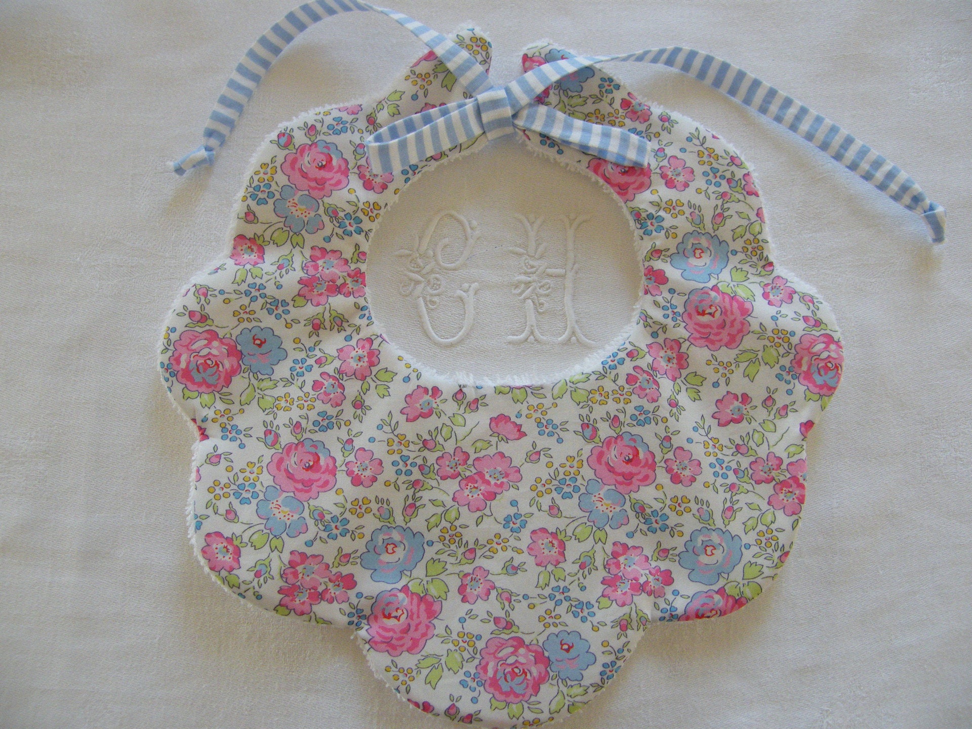 Scalloped flower bib in Liberty Félicité pink/blue and blue and white striped Terry cloth, 1/3/6/9 months