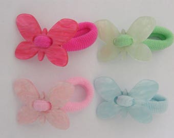 1 élastique cheveux papillon nacre (rose fuschia, vert amande,  rose pâle, bleu clair)