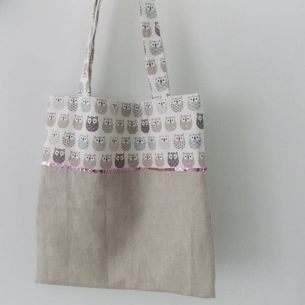 Tote bag motif hiboux et ruban de sequins