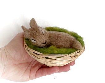 Sleeping felted bunny with basket, cute handmade waldorf hare sculpture.