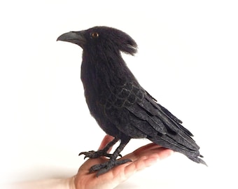 Realistic raven halloween decor, needle felted wool raven sculpture.