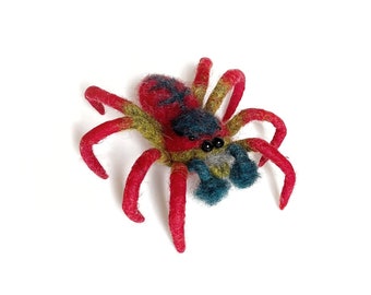 Red Wool Jumping Spider, Colorful Needle Felted Cheerful Table & Costume Decor